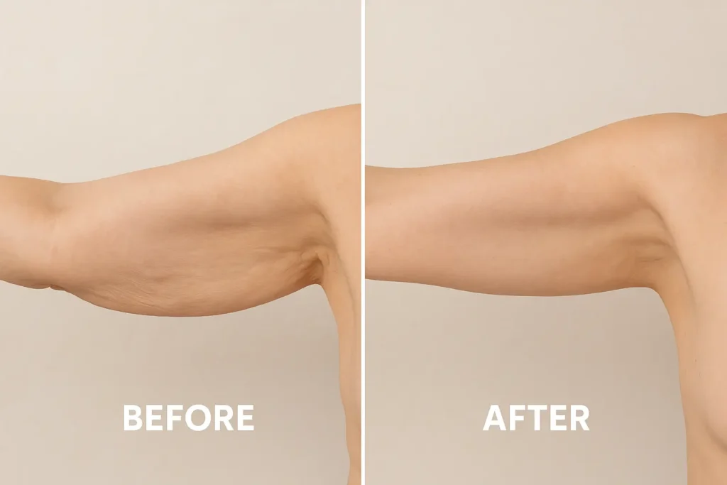 Picture of LA LIPO Sutton in Ashfield before and after results of skin tightening treatment on the upper arms.