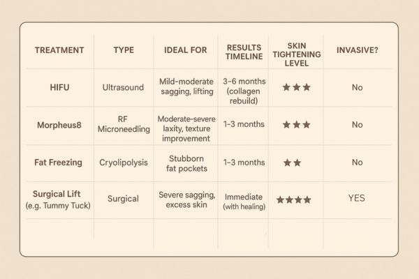 Table showing the comparisons of Skin tightening Sutton in Ashfield treatment options. 